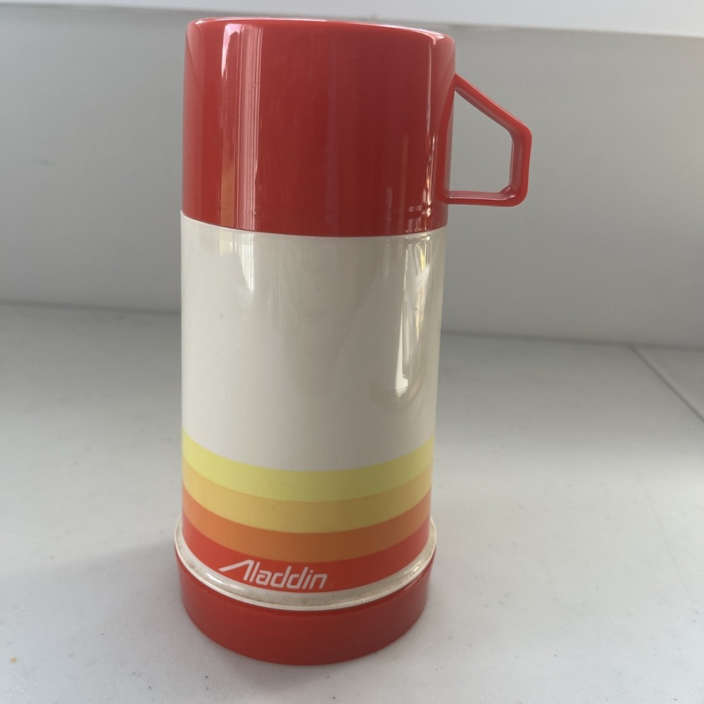 Vintage Aladdin Thermos Red Orange Yellow Complete With Stopper & Cup Half Pint